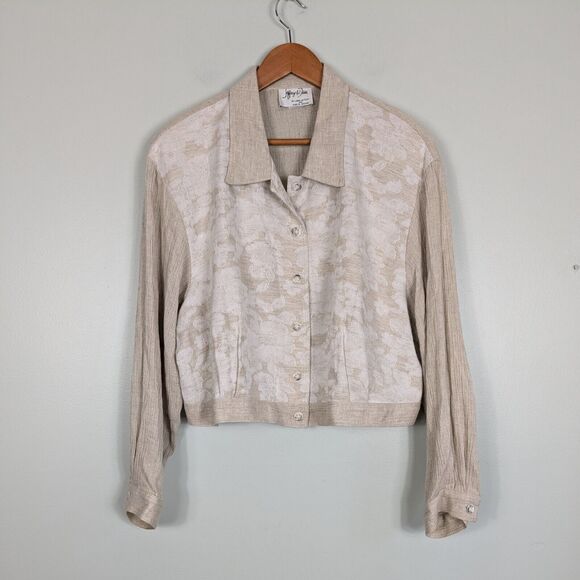 Vintage Cropped Jacket Top Brown M 90s Neutral Tan Natural Cream Floral Boho - Picture 3 of 12